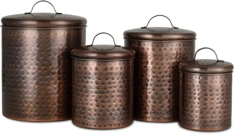 BIRDROCK HOME 4pc Canister Set Hammered Antique Copper Airtight Lid Farmhouse Décor |Rustic Metal Storage Canisters for Kitchen Countertop