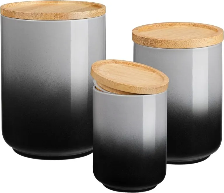 LOVECASA Canister Sets for Kitchen, Ceramic Food Storage Canisters for Countertop with Airtight Wood Lids, Flour and Sugar Containers for Coffee, Tea,Spice