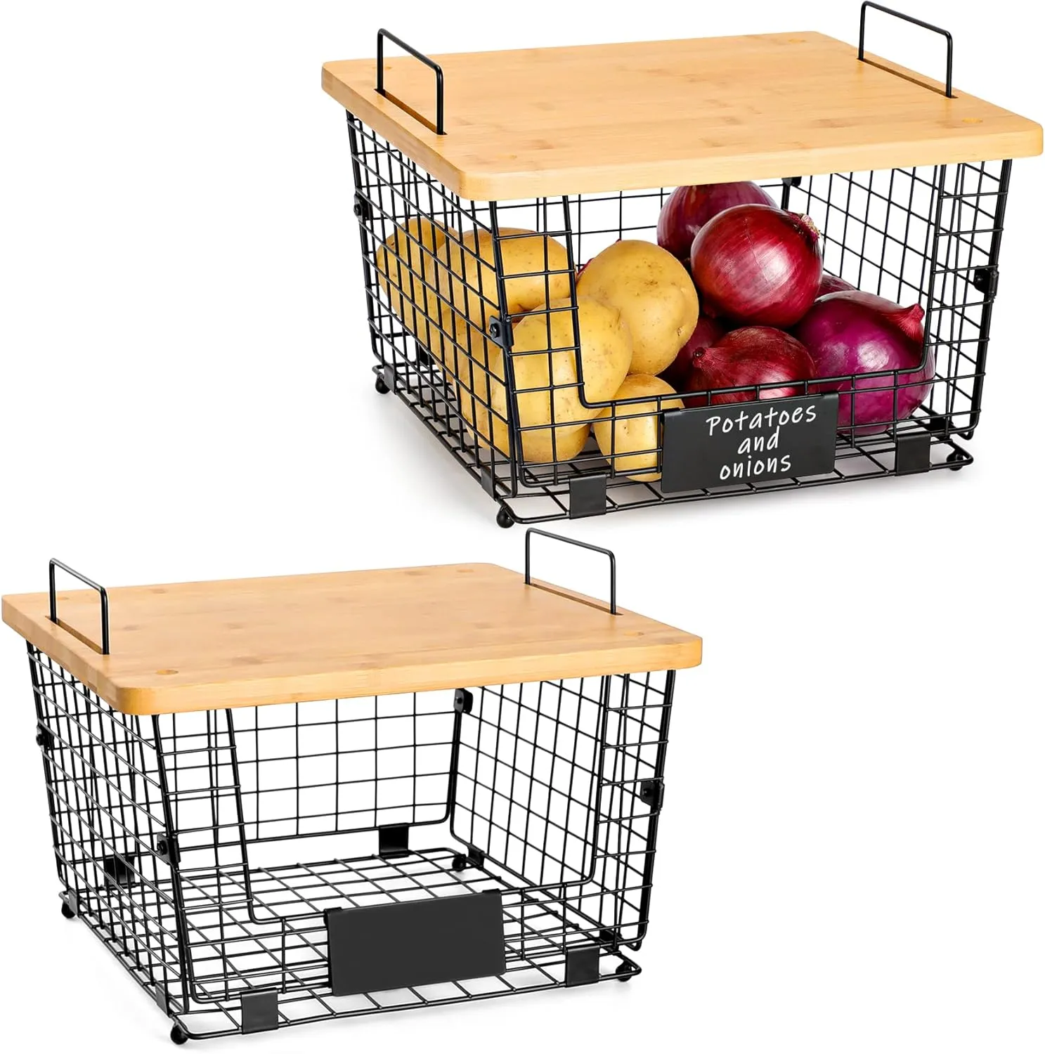 AOZITA 2 Set Stackable Wire Basket with Bamboo Top